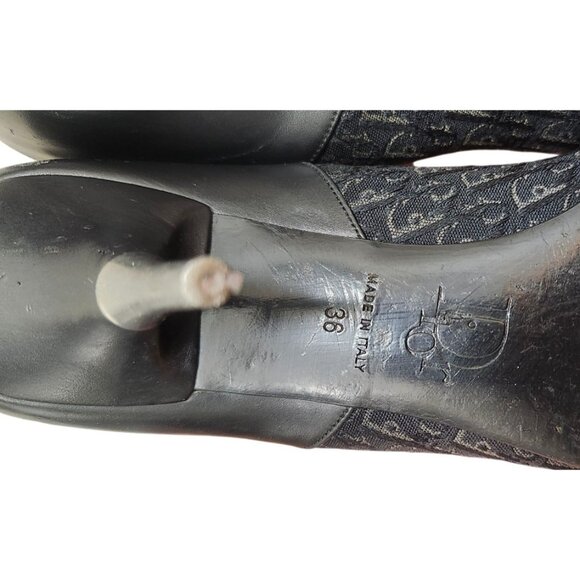 Christian Dior Monogram Heels 36 Black Logo Canvas Leather Pointed Toe Pumps - Picture 11 of 14